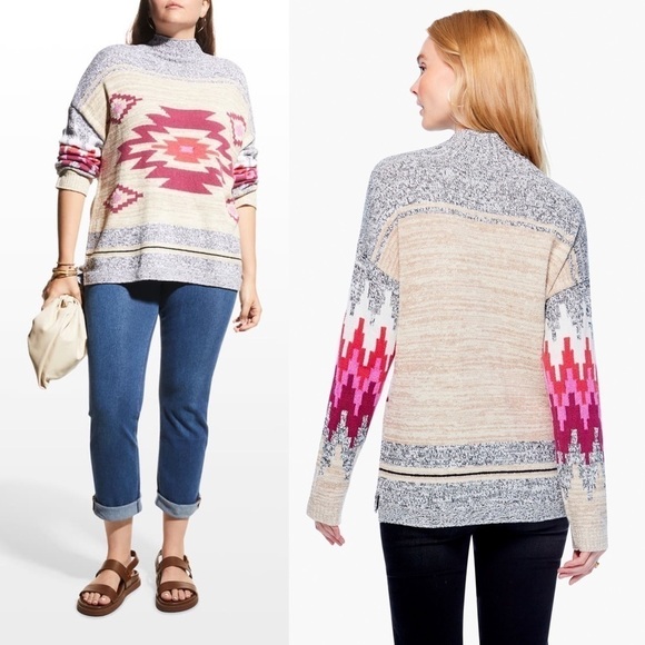 NWT NIC + ZOE Aztec Southwestern Striped Knit Mock Turtleneck Pullover Sweater M - Picture 3 of 13